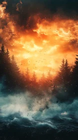Apocalyptic Firestorm Over Woodland and Tempestuous Seas