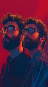Dual male portrait rendered with neon rim lighting and bold hues