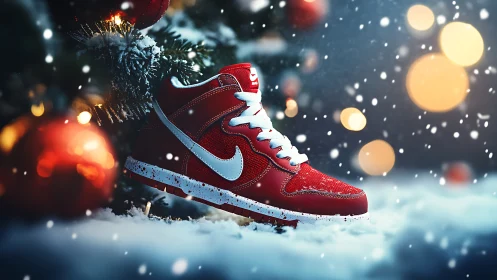 Red sneaker under snow with tree ornaments in background.