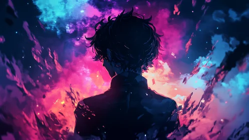 Silhouetted figure before exploding neon cosmic skyscape.