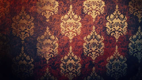 Vintage red damask wallpaper pattern with gold motifs.