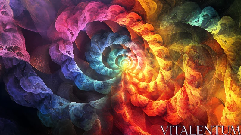 Radiant fractal spiral glows with layered rainbow light.