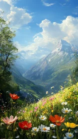 Mountain valley landscape with wildflower meadow foreground.