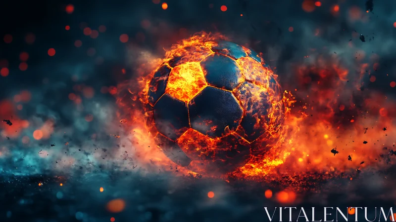 Blazing soccer ball rolls through sparks in a fiery stadium dream