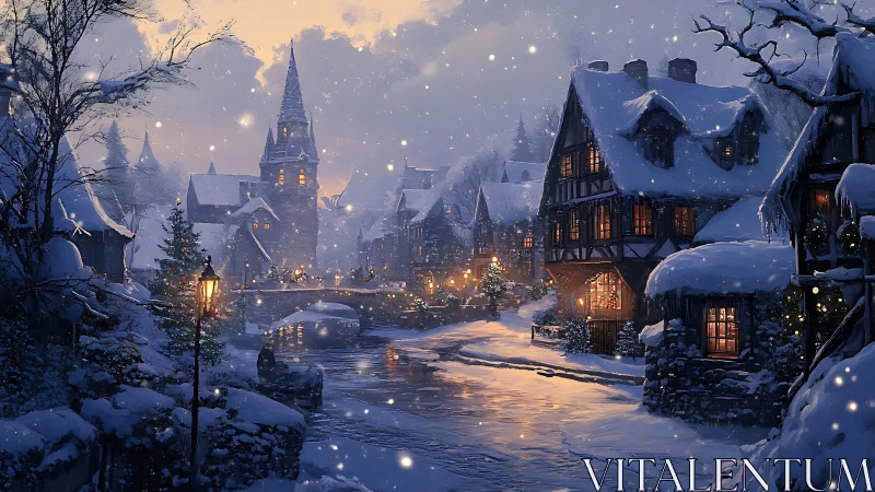 Snowy village street glows with warm evening lantern light.