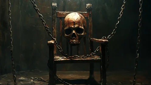 Decayed skull enthroned on chained wooden chair in gloom