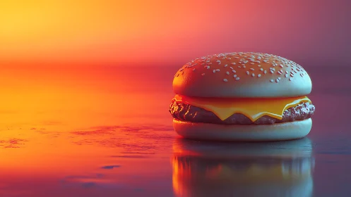 Sunset cheeseburger quietly orbits in molten neon light
