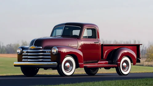 Photorealistic classic pickup in three-quarter road profile shot.