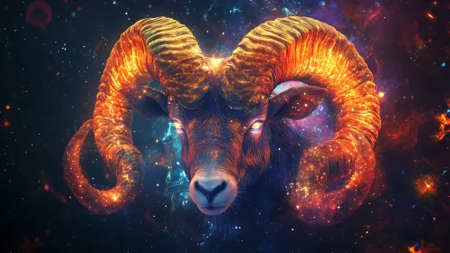 Celestial ram portrait in luminous cosmic digital painting.