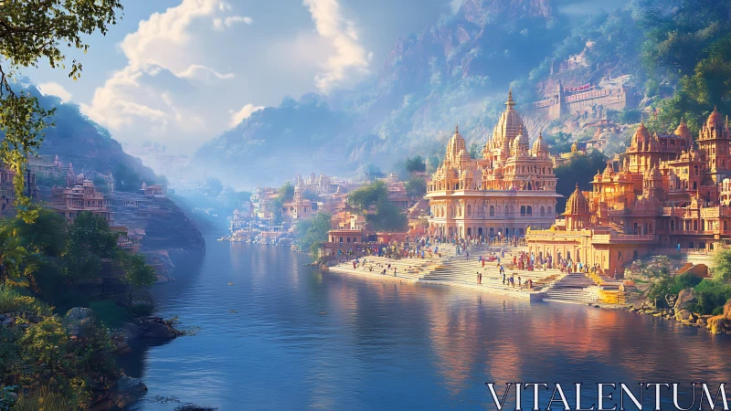 Sunlit riverside temples amid misty mountain landscape.