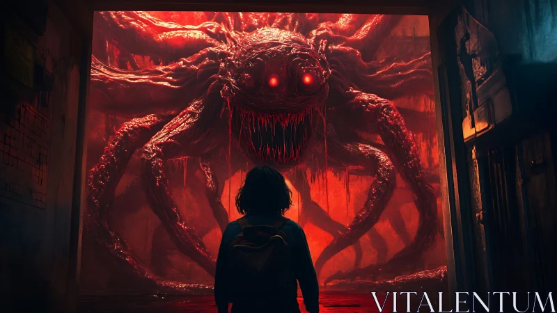 Child faces towering red tentacled monster in glowing doorway