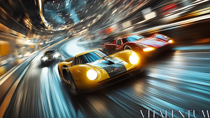 Retro supercars slice neon tunnel track with dynamic motion.