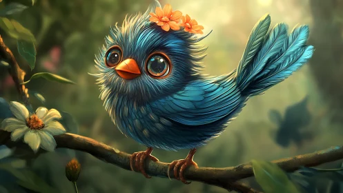 Adorable Blue Cartoon Bird With Flowers on Head, Digital Art Style.