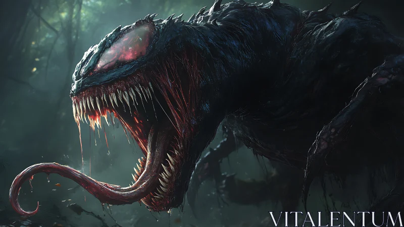 Monstrous alien predator lunges through misty forest.