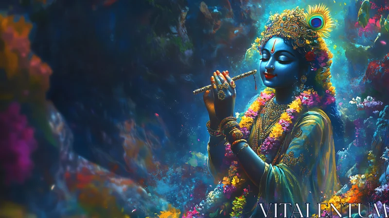 Divine blue deity with flute in luminous cosmic garden.