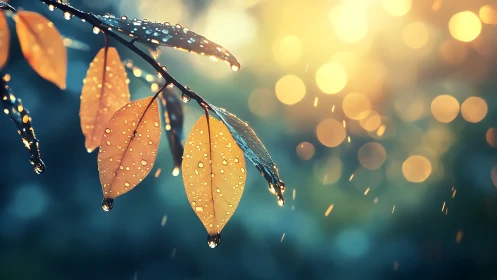 Golden leaves with raindrops against glowing sunset bokeh.