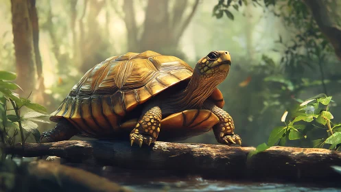 Golden brown tortoise on mossy jungle log in soft light.
