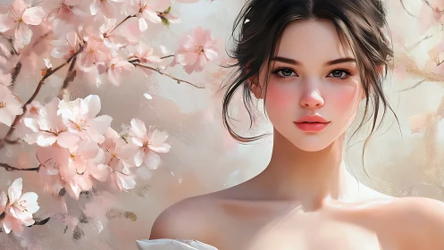 Young woman with cherry blossoms framed in soft focus