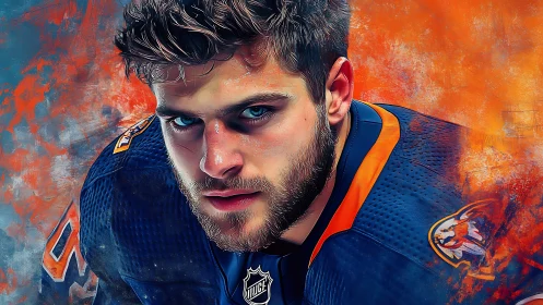 Digital portrait of hockey player in blue and orange jersey.