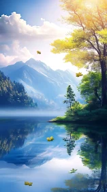 Mountain lake reflects trees and sky in calm daylight scene