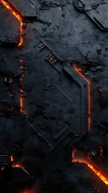 Molten circuitry carves glowing fault lines through obsidian steel