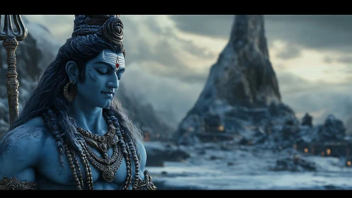 Serene blue deity in snowy mountain temple landscape.