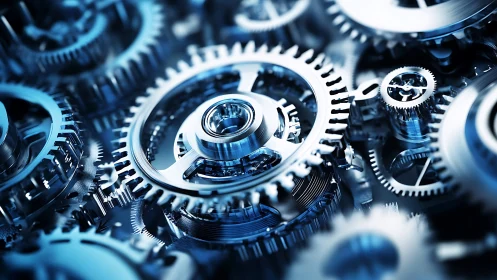 Interlocking metallic gears in close-up industrial view.