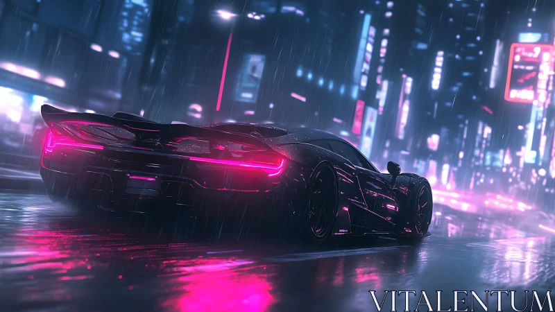 Futuristic sports car on wet neon city street at night.