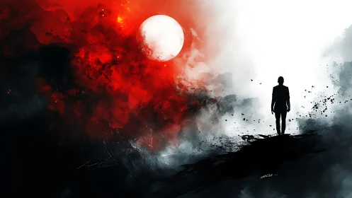 Silhouette walks between red storm and white void sky.