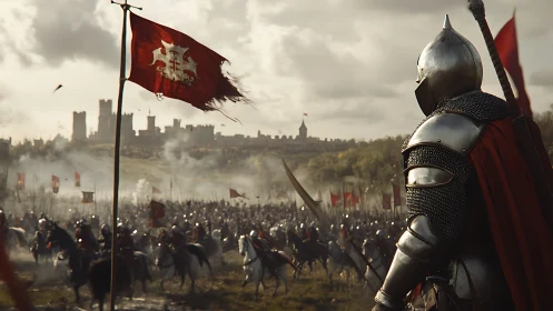 Armored commander surveying large-scale medieval battlefield.