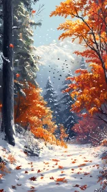 Digital painting of autumn forest path in first snowfall.