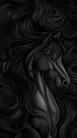 Stylized black horse with flowing mane on dark background.