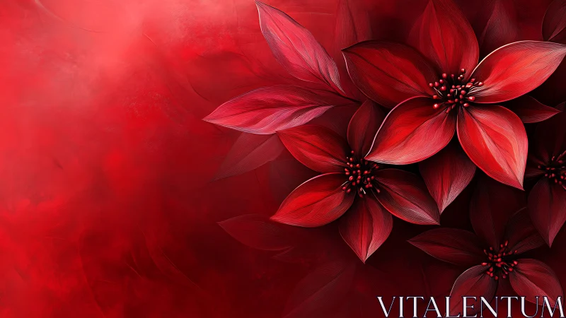Crimson floral composition with five-petaled blooms against graduated red background