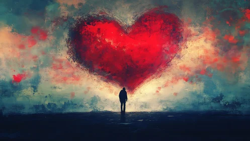 Solitary Soul Beneath Luminous Heart's Crimson Glow