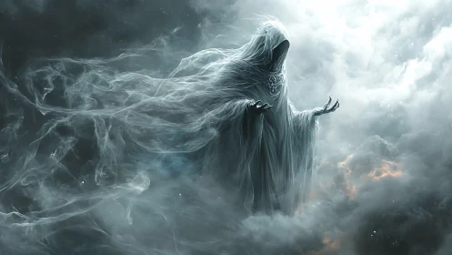 Spectral hooded entity materializes within turbulent ethereal clouds