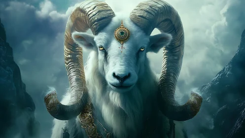 Mythic horned ram emerges from misty stormlit mountains