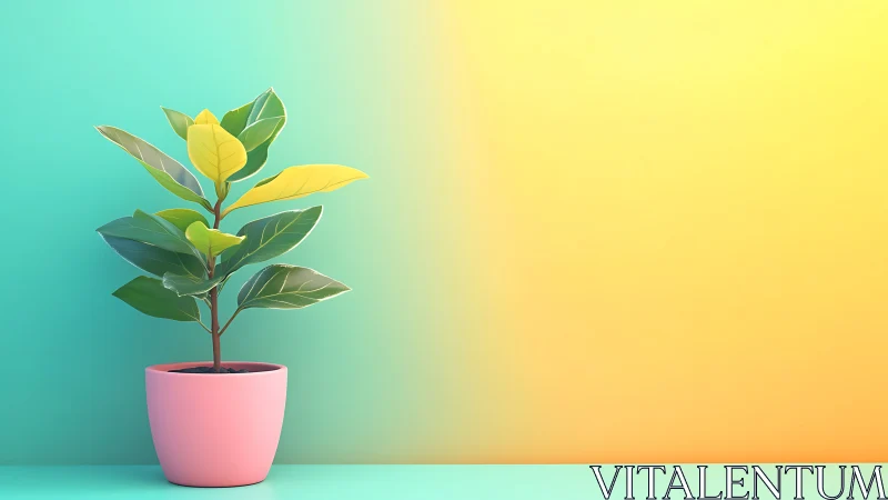 Minimal potted plant against teal to yellow gradient wall.