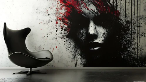 Bold black lounge chair meets moody abstract wall portrait