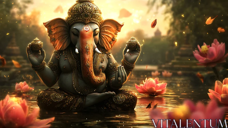 Divine elephant deity meditating in lotus pond at sunset.