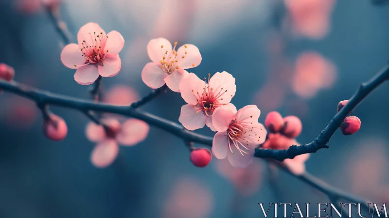 Pink blossoms on branch with blurred background and selective focus