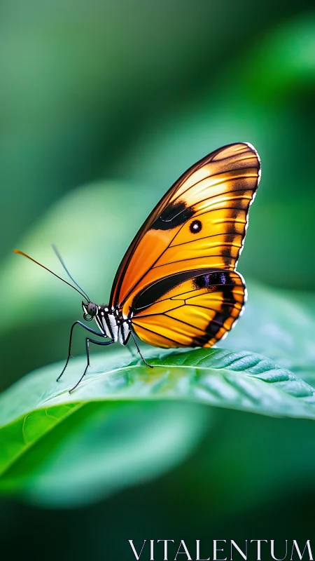 Orange butterfly on green leaf in shallow depth of field.