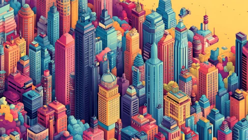 Chromatic isometric megacity with dense volumetric towers.