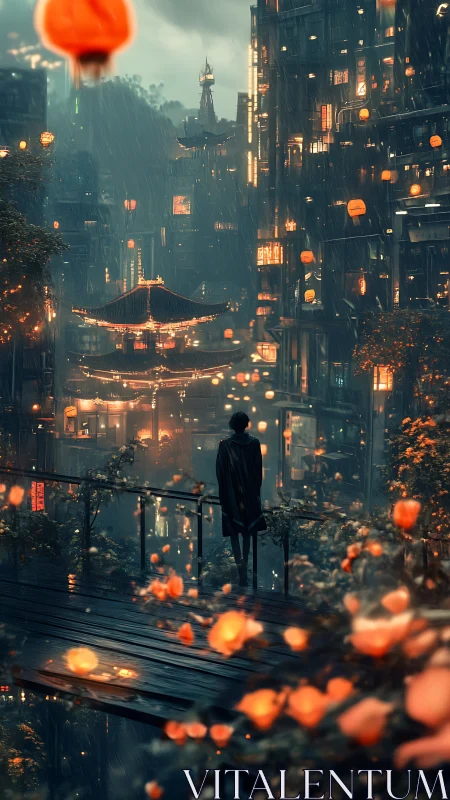 Cyberpunk rain-soaked pagoda vista with floating lanterns.