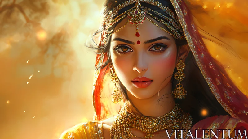 Digital portrait Indian bride with golden jewelry glow.