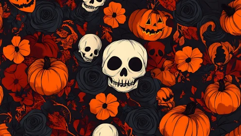 Digital Halloween skull and pumpkin floral seamless pattern design.