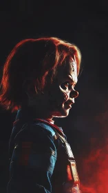 Side-lit sinister doll profile in dramatic red glow.