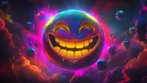 Neon smiley planet amid glowing cosmic clouds and orbs.