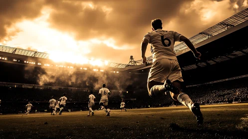 Stormlit midfielders charge toward the goal under molten sky