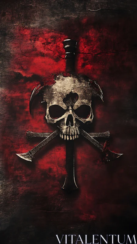 Bold skull and blades emblem glowing in deep crimson haze.
