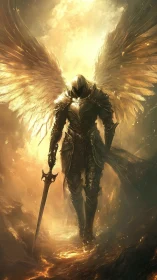 Armored seraph descends through molten chasm with radiant backlight